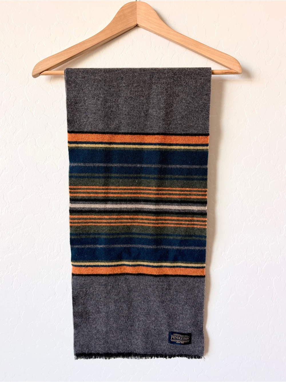Pendleton Gray Wool Fringe Scarf with Navy Label